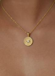 Diamond Necklace / 14k Evil Eye Diamond Solitaire Necklace / Diamond Ballerina Evil Eve Disc Necklace / Diamond Ray Charm Layering Necklace