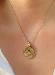 Diamond Necklace / 14k Evil Eye Diamond Solitaire Necklace / Diamond Ballerina Evil Eve Disc Necklace / Diamond Ray Charm Layering Necklace