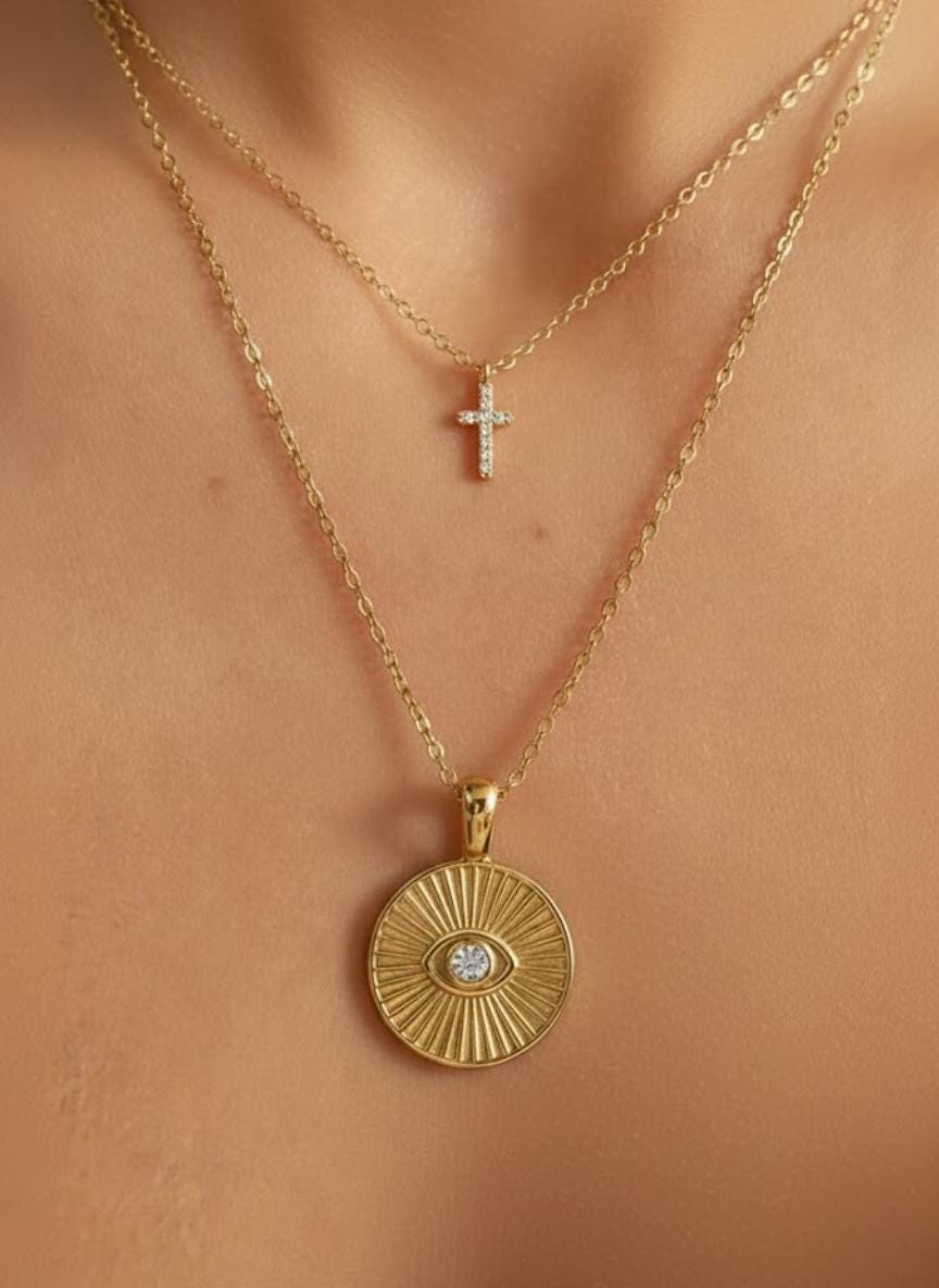 Round Diamond Evil Eye Pendant, Real Diamond 14K 10K Solid Gold Necklace