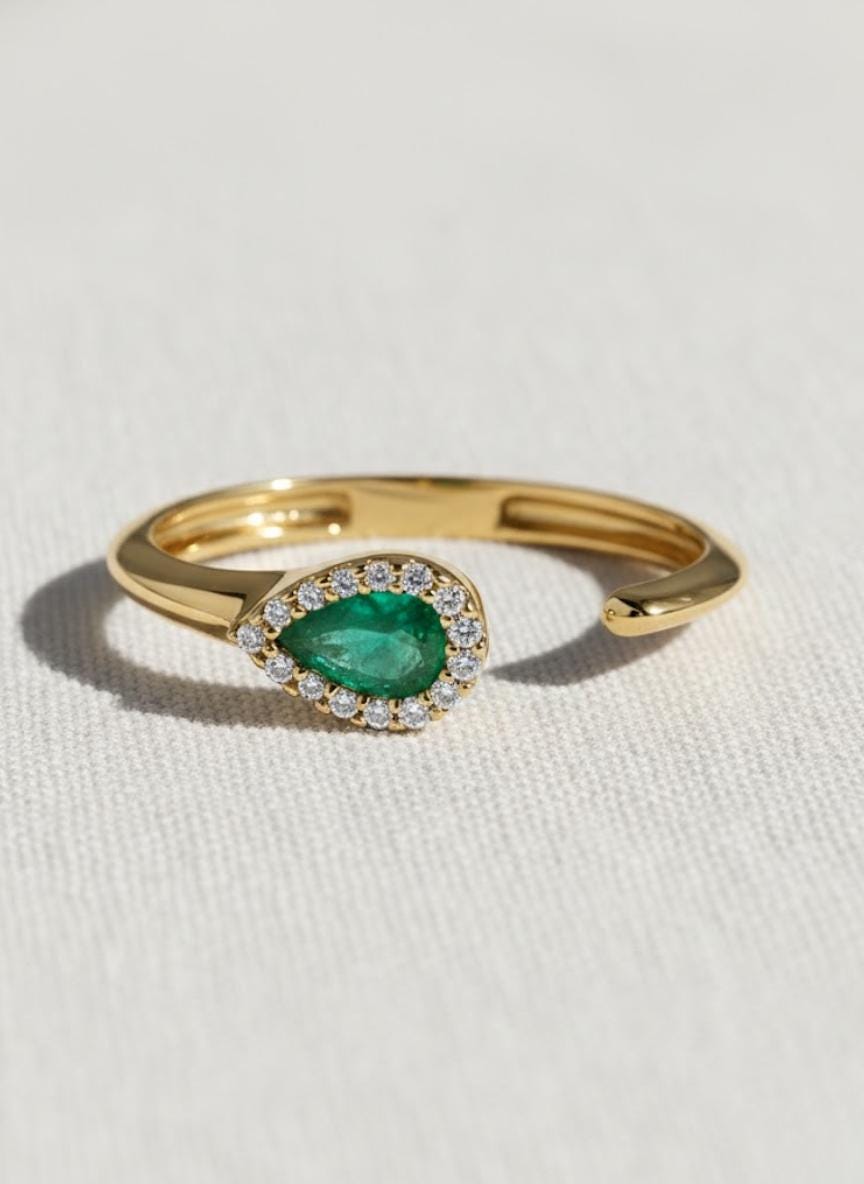 Emerald Diamond Ring / Emerald Cuff Ring / 14k Gold Genuine Emerald Ring / Pear Shape Diamond Ring / Open Design Ring