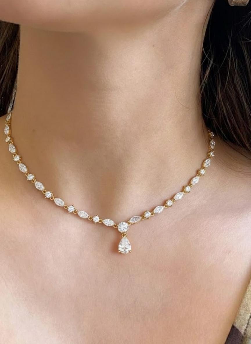 Diamond Tennis Necklace Silver Jewelry, Statement Necklace, Handmade Necklace, Diamond Pendant, Bridal Jewelry, Diamond Necklace, Pear Cut