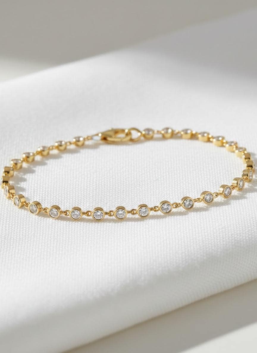 14k Gold Diamond Tennis Bracelet, Bezel Set Layering Bracelet