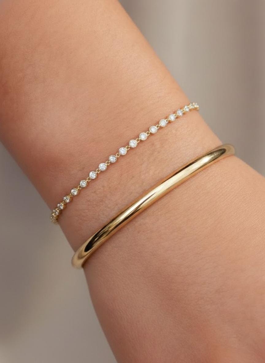 14k Gold Diamond Tennis Bracelet, Bezel Set Layering Bracelet
