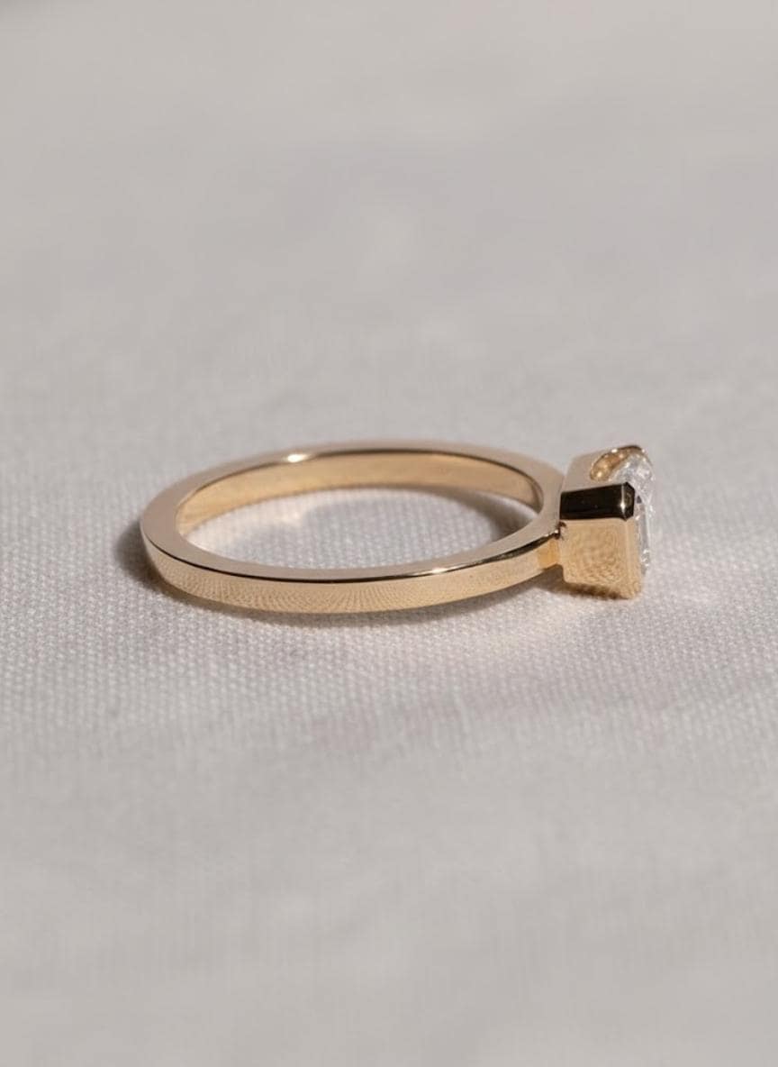 2 Carat Emerald Cut Lab Grown Diamond Engagement Ring | 14K Gold Half Bezel | IGI Certified