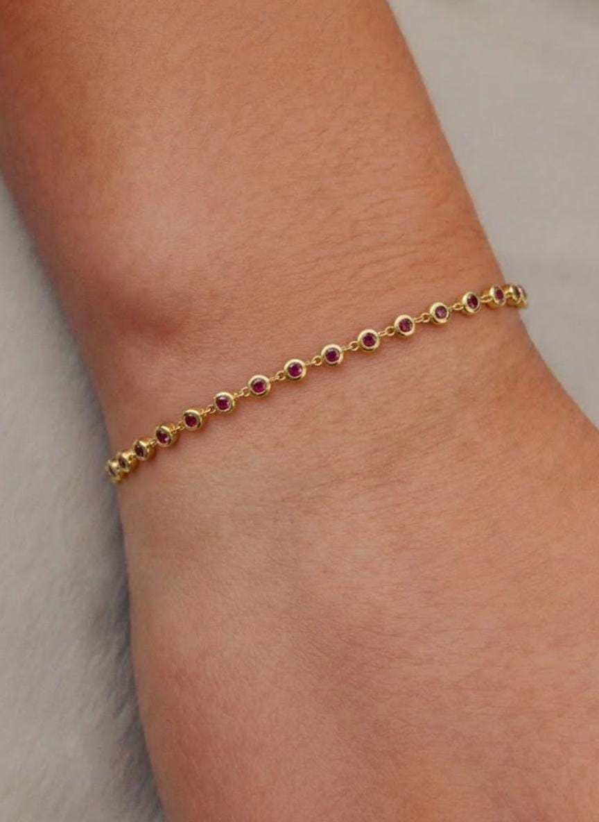 The Valentina Multi-Stone Bezel-Set Ruby Tennis Bracelet in 10K or 14K Solid Gold