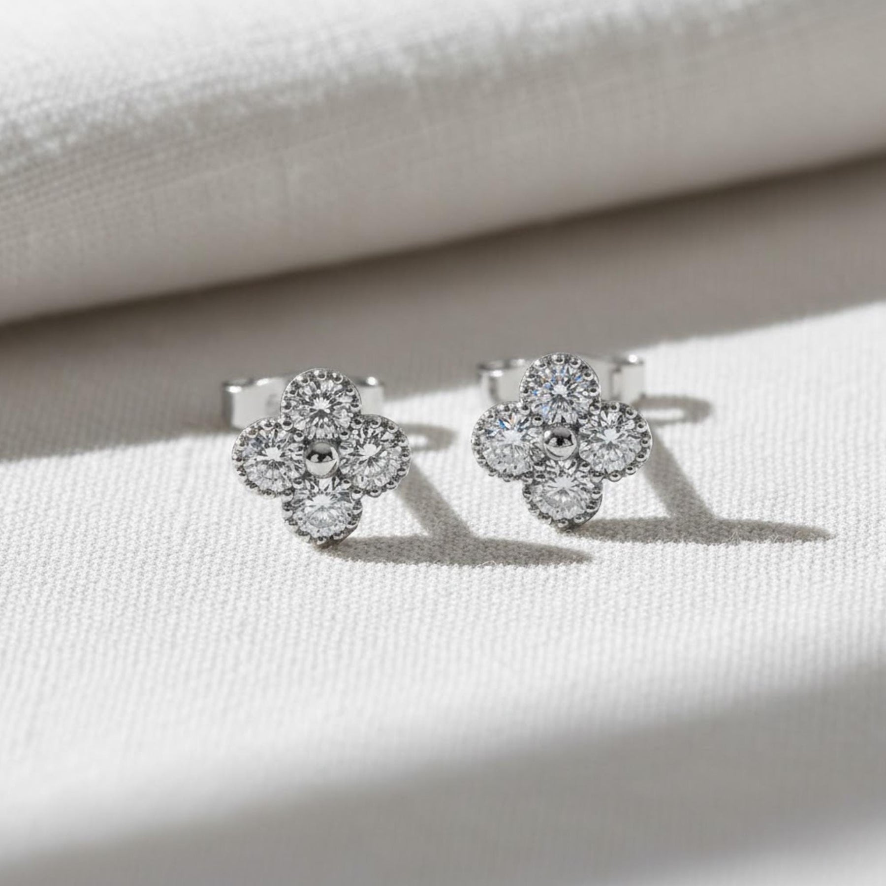 Diamond Clover Studs, 14K Solid Gold Flower Clover Stud Earrings, Dainty Diamond Studs, Minimalist Diamond Birthday Gift, Best Gift For Her
