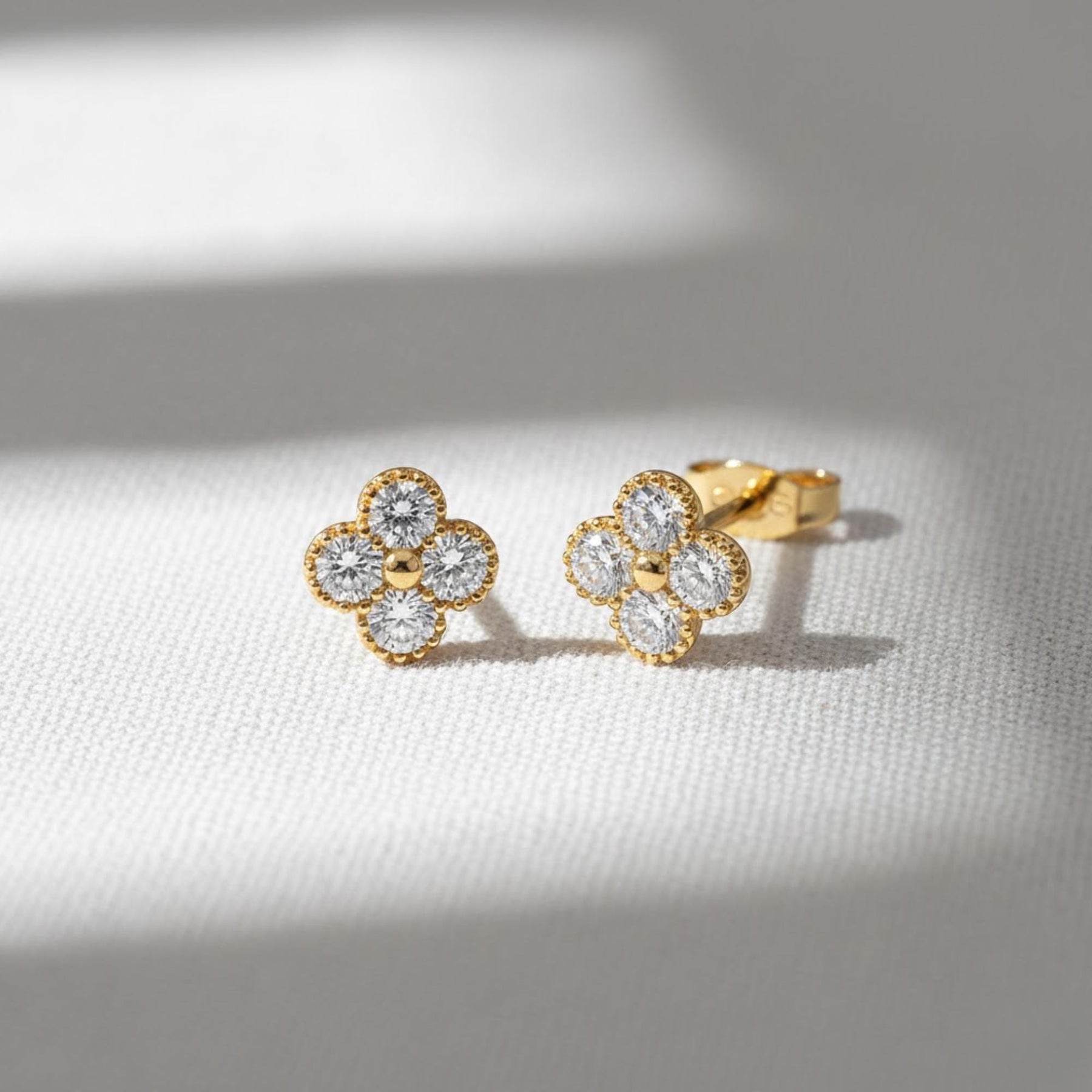 Diamond Clover Studs, 14K Solid Gold Flower Clover Stud Earrings, Dainty Diamond Studs, Minimalist Diamond Birthday Gift, Best Gift For Her