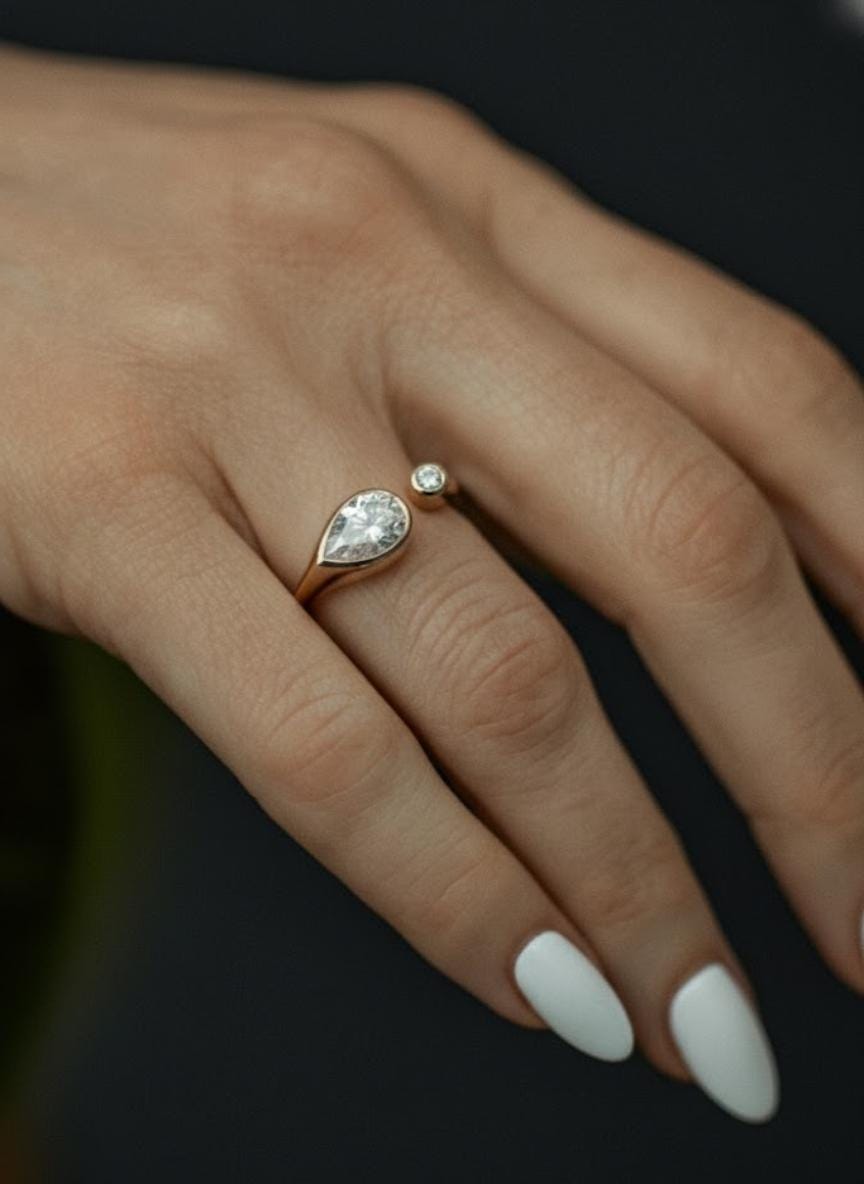 Handmade 14k Gold Diamond Pear Signet Ring