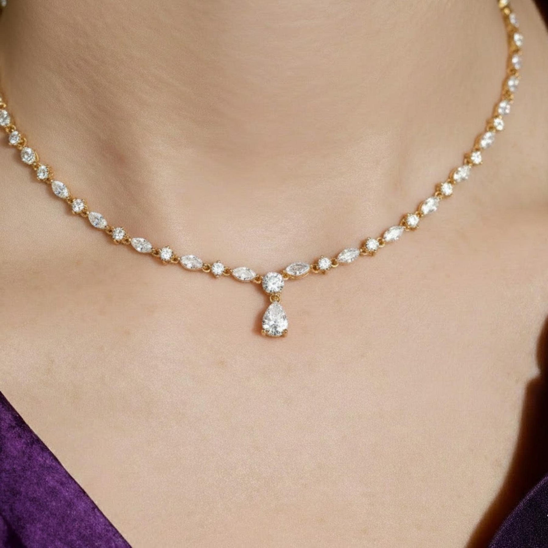 Diamond Tennis Necklace Silver Jewelry, Statement Necklace, Handmade Necklace, Diamond Pendant, Bridal Jewelry, Diamond Necklace, Pear Cut