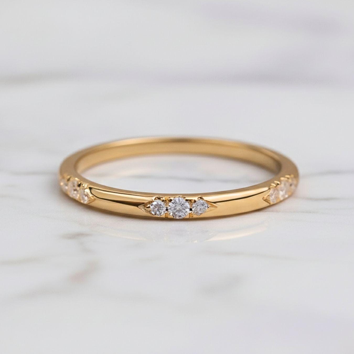 14k Flush Set Diamond Band, Real Gold Wedding Ring for Women, Solid Gold  Stacking Ring Enhancer, Scattered Diamond Band, Bridal Ring