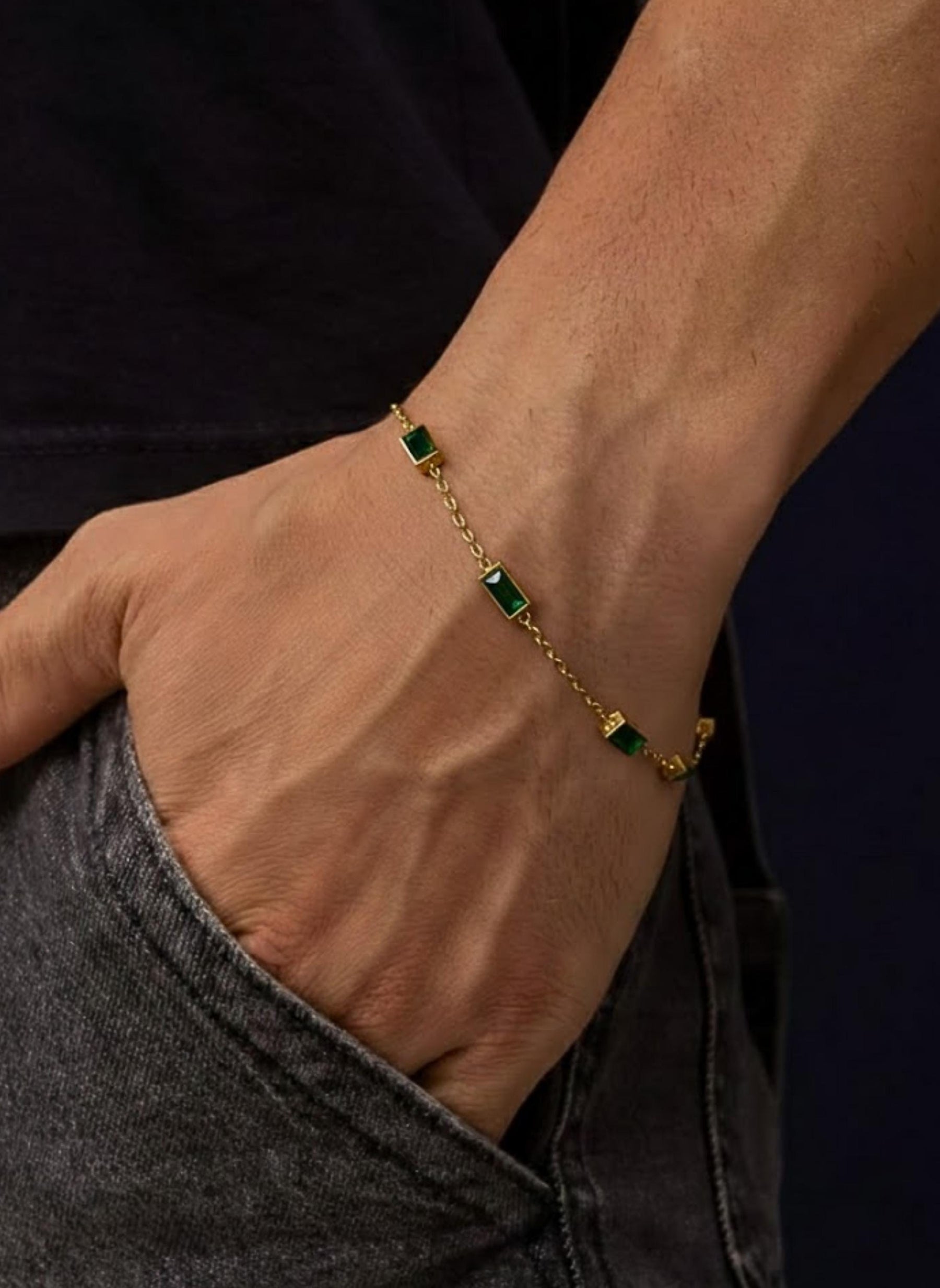 14k Emerald Bracelet, Baguette Green Emerald with Bezel Setting, May Birthstone, Birthstone Jewelry, 14k Dainty Bracelet, Teresa