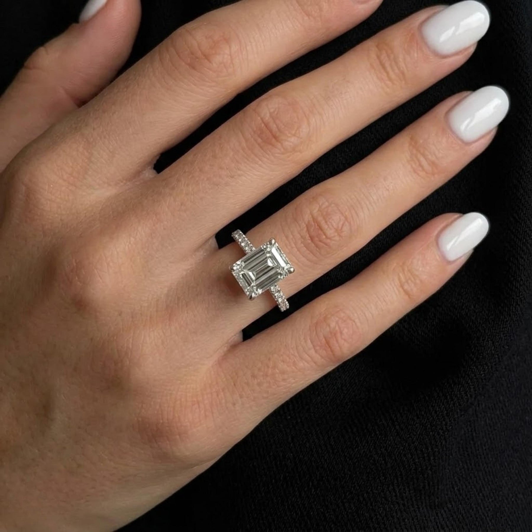 3 Carat Emerald Cut Lab Grown Diamond 3D Pave Hidden Halo Engagement Ring / ICED OUT Unique White Gold Engagement Ring / Triple Sided Pave