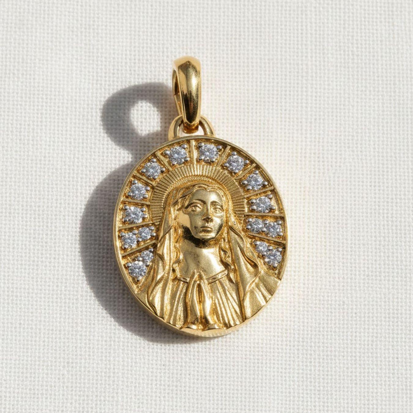 14K Gold Archangel Michael Pendant: 14K Yellow Gold Diamond Necklace