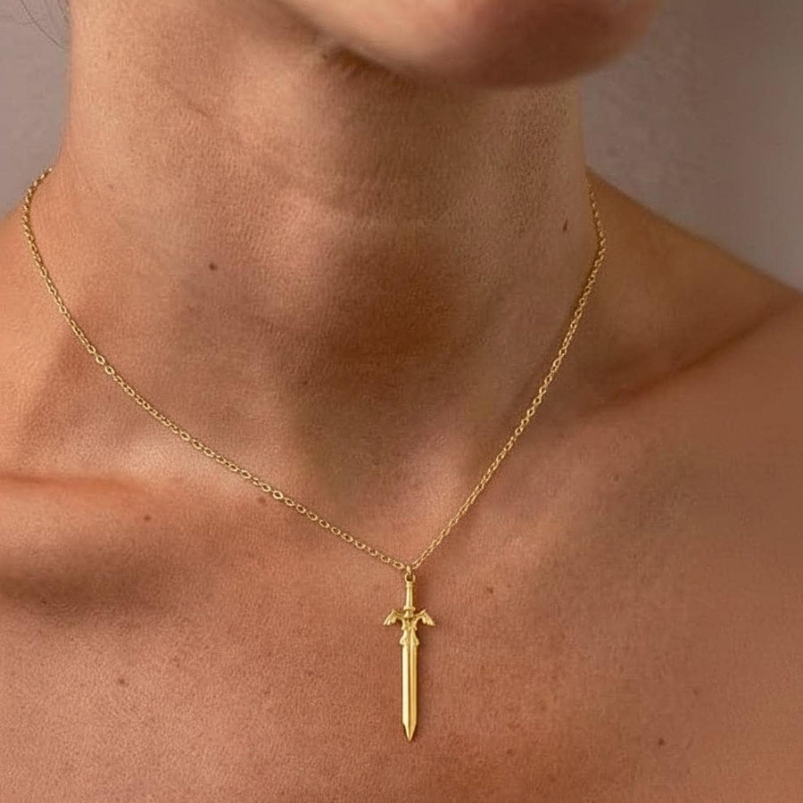 The Aurelian Winged Sword Pendant Necklace in 10K or 14K Solid Gold – Unisex Fine Jewelry