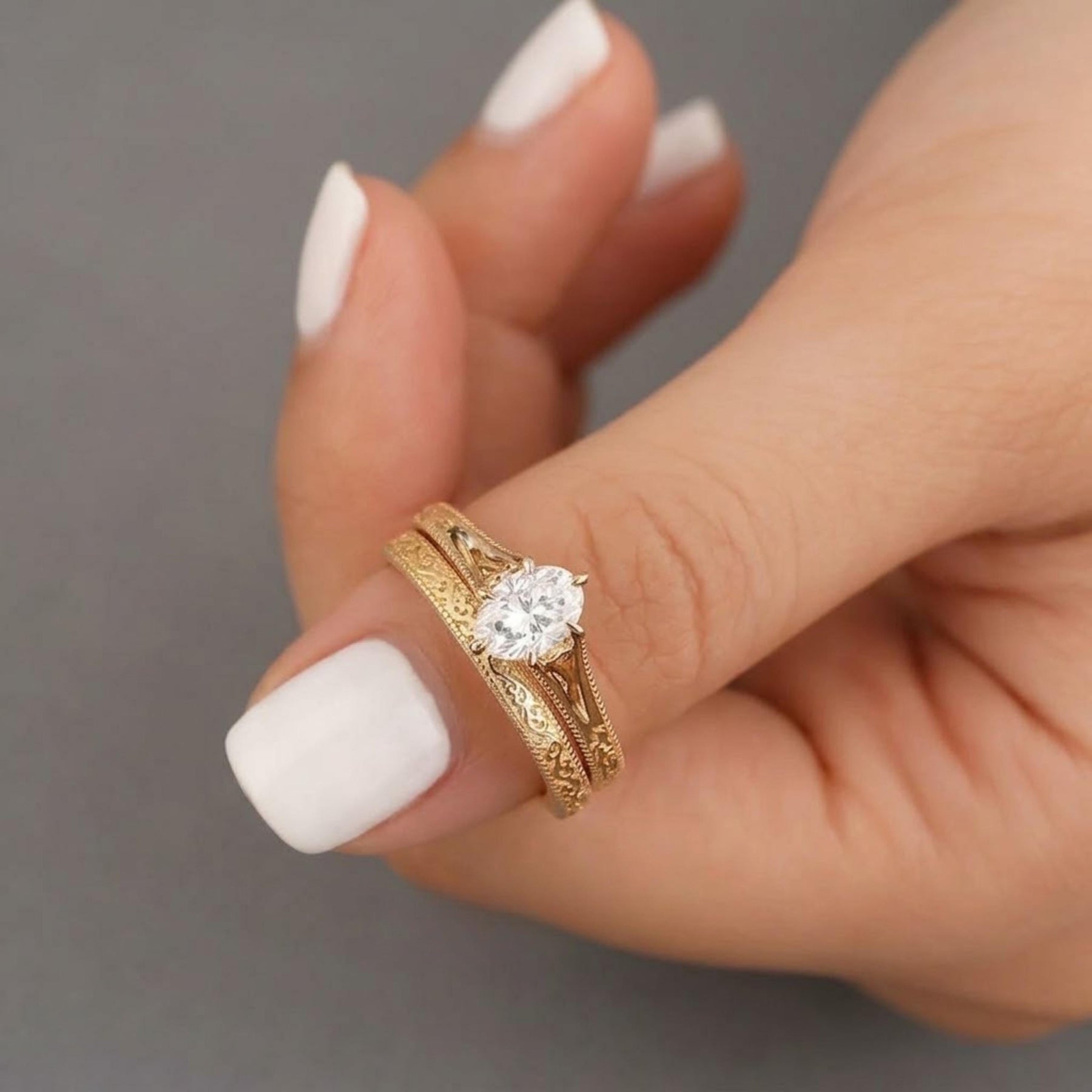Filigree Diamond Engagement Ring Set Yellow Gold Stacking Band Vintage Women Wedding Promise Set 2pcs Oval 1CT Diamond Bridal Ring Set