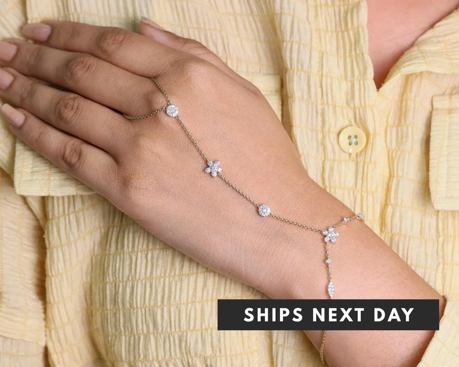 18K Solid Gold Diamond Hand Chain Bracelet Ring: Delicate Finger Jewelry