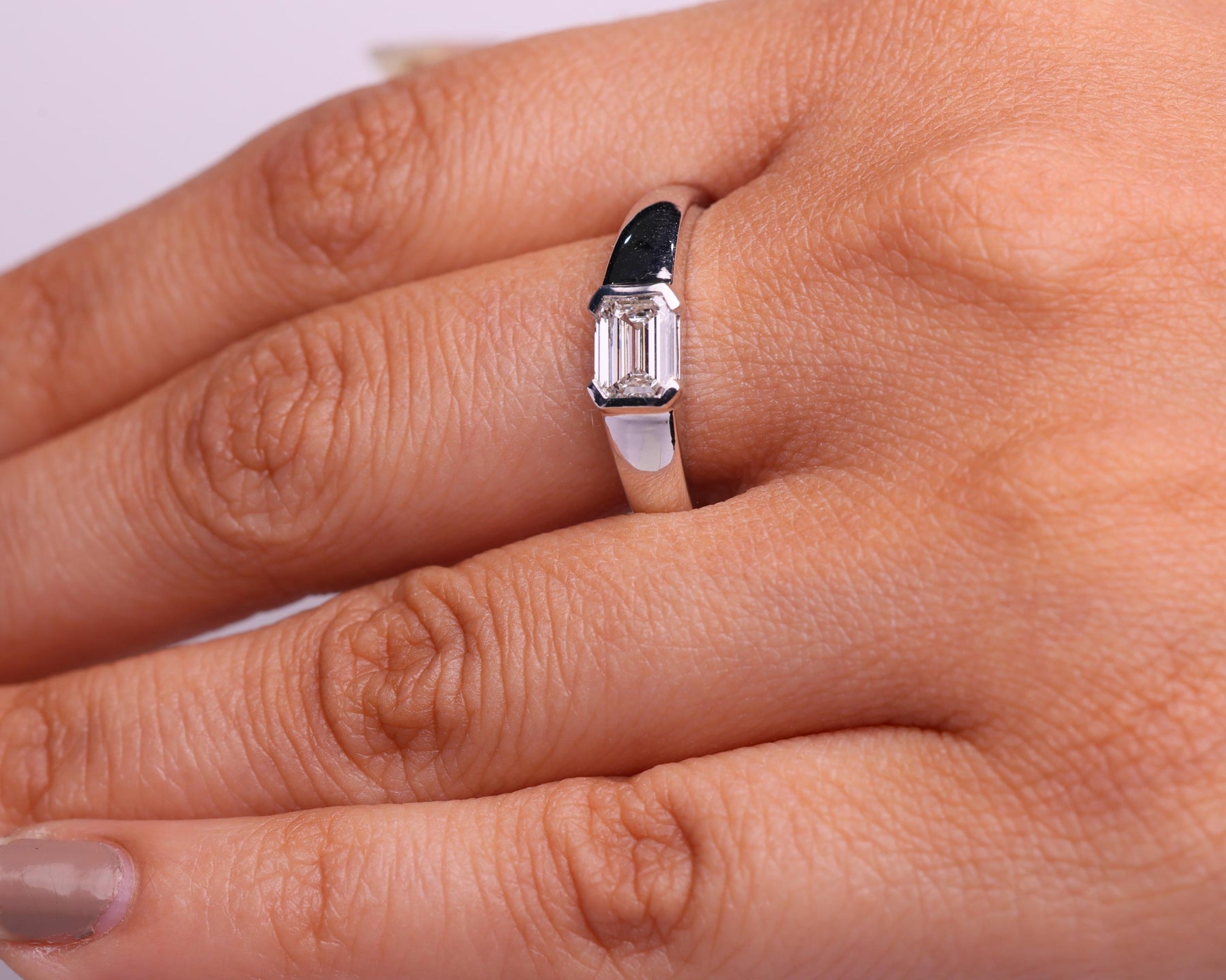 Emerald Half Bezel Lab Grown Diamond Engagement Ring, 1 CT, Lab Created, Wedding Ring, Anniversary Gift, Solitaire Diamond Ring for her