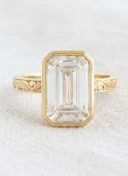 4 Carat Emerald Cut Lab Grown Diamond Engagement Ring | 14K Gold Bezel | IGI Certified | Vintage Ring