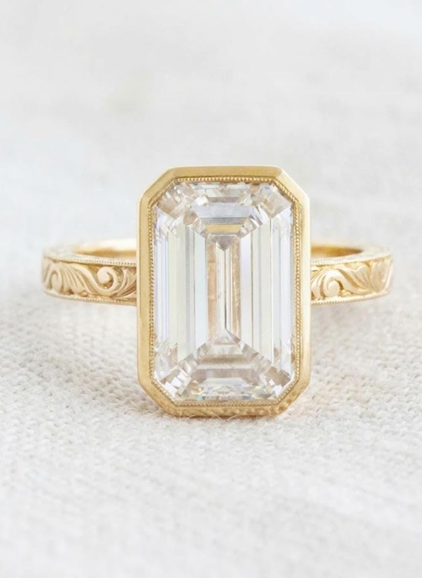 4 Carat Emerald Cut Lab Grown Diamond Engagement Ring | 14K Gold Bezel | IGI Certified | Vintage Ring
