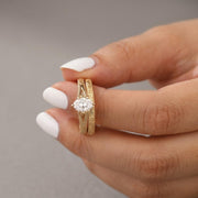 Filigree Diamond Engagement Ring Set Yellow Gold Stacking Band Vintage Women Wedding Promise Set 2pcs Oval Diamond Bridal Ring Set
