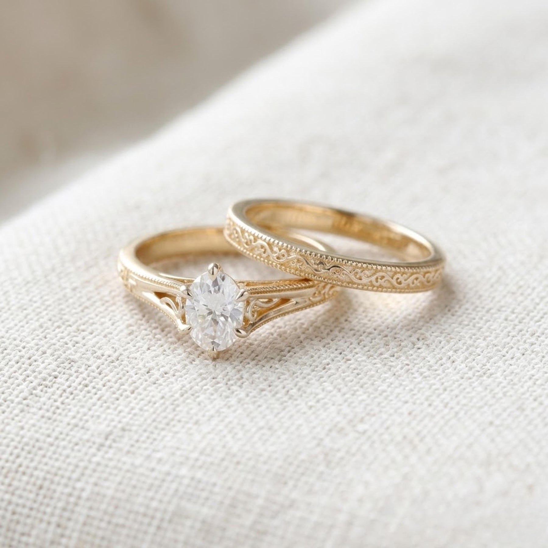 Filigree Diamond Engagement Ring Set Yellow Gold Stacking Band Vintage Women Wedding Promise Set 2pcs Oval 1CT Diamond Bridal Ring Set