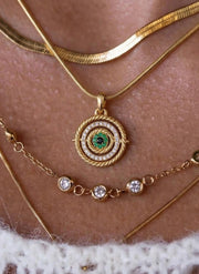 Gold Dainty Evil Eye Sun Pave Necklace, Protector Necklace, Tiny Evil Eye Necklace, Emerald Necklace, Talisman Necklace, Gift for her
