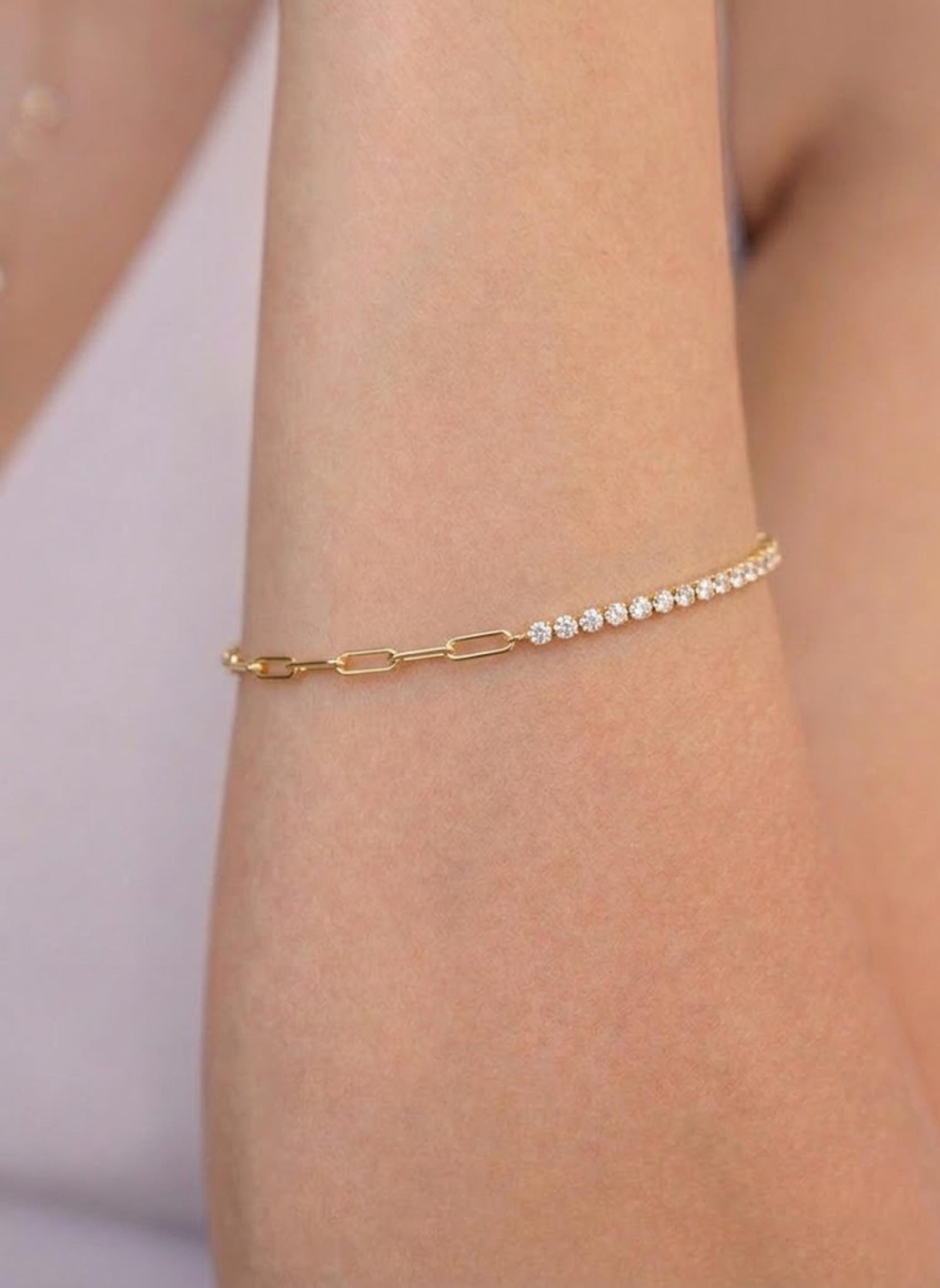Half Tennis Half Paperclip Bracelet, Tennis Bracelet,Diamond Tennis Bracelet, Paperclip Bracelet, Link Bracelet, Gift for Her, Bracelet