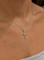 14K Solid Gold Diamond Cross Necklace: Religious Baptism Gift