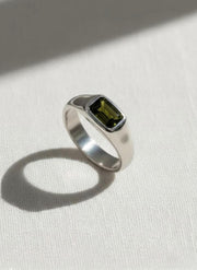 Emerald Cut Yellow Green Peridot Mens Sapphire Mens Wedding Band Diamond Moon Star Inner Engraved Band Anniversary Gift For Him