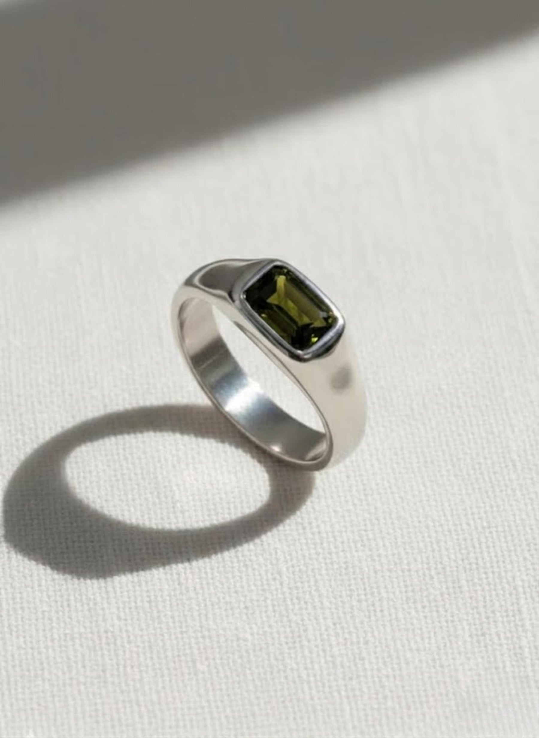 Emerald Cut Yellow Green Peridot Mens Sapphire Mens Wedding Band Diamond Moon Star Inner Engraved Band Anniversary Gift For Him