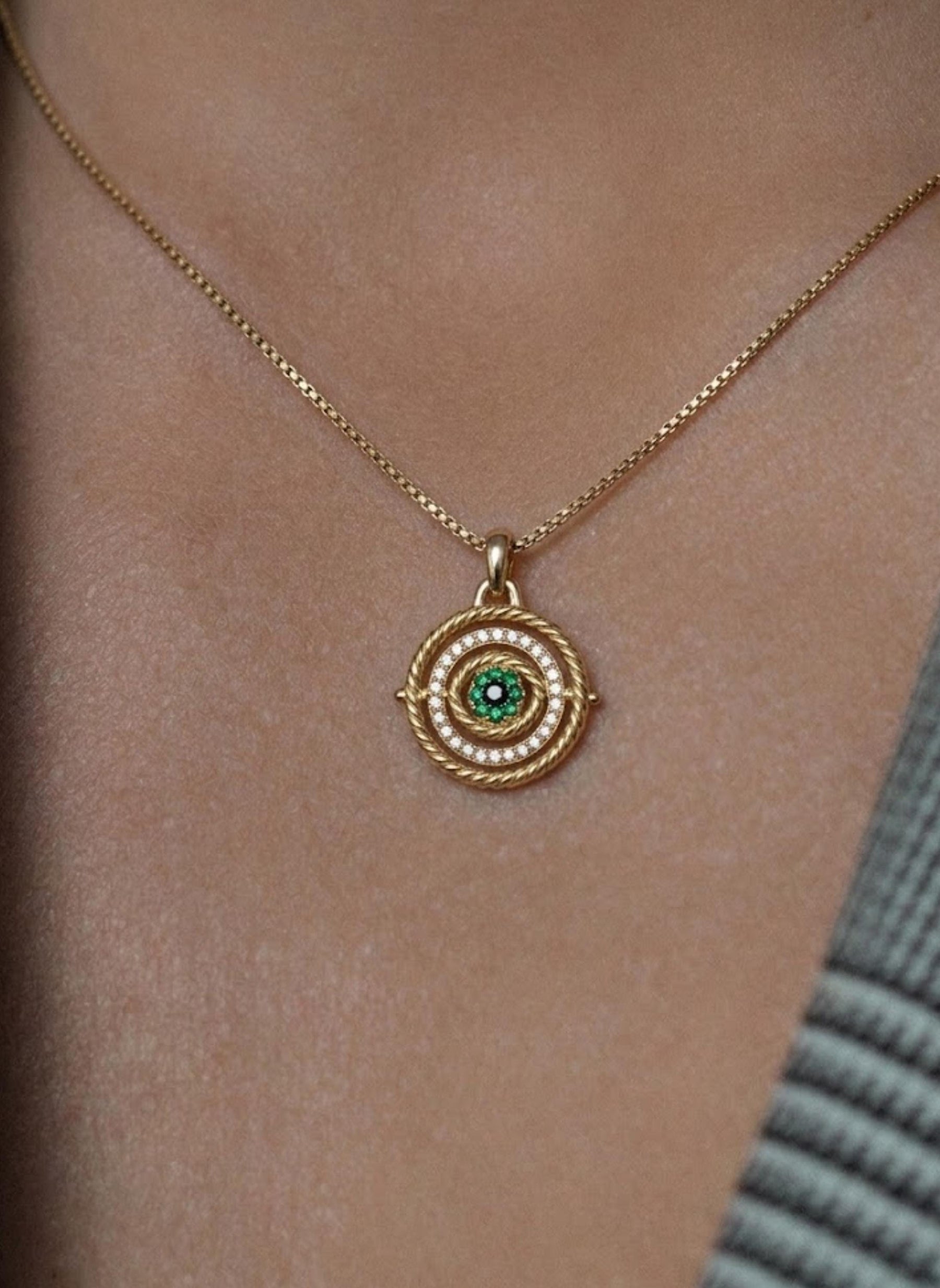 Gold Dainty Evil Eye Sun Pave Necklace, Protector Necklace, Tiny Evil Eye Necklace, Emerald Necklace, Talisman Necklace, Gift for her