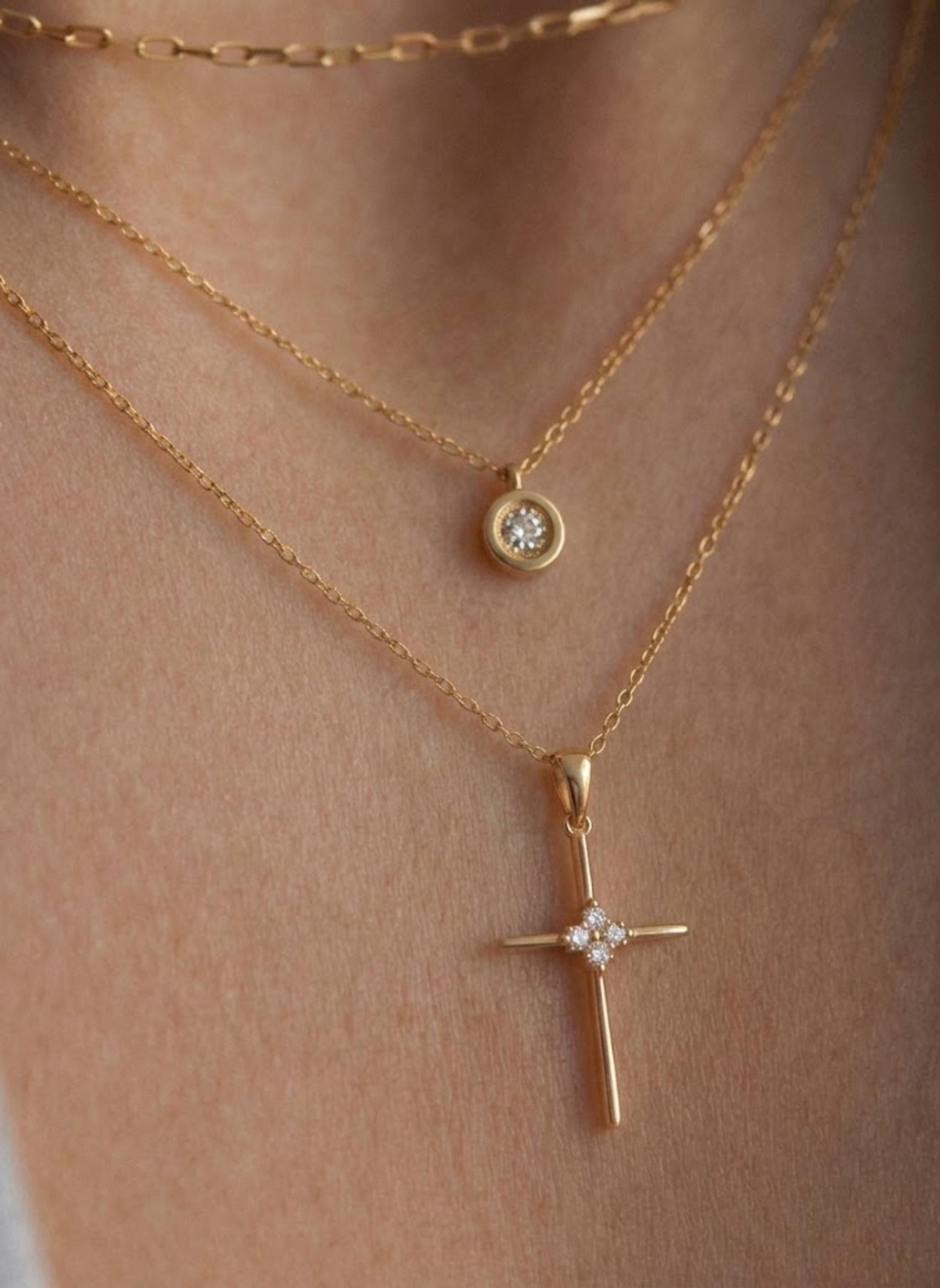 14K Solid Gold Diamond Cross Necklace: Religious Baptism Gift