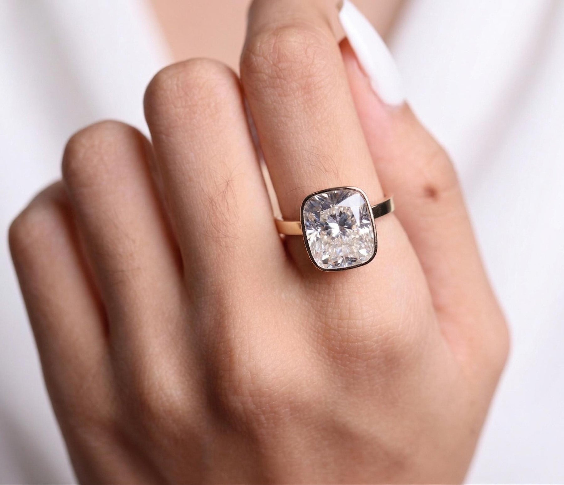7.08 Carat Elongated Cushion F VS1 Lab Grown Diamond Bezel Set Ring / Delicate Engagement Ring / Elongated Diamond Art Deco Design