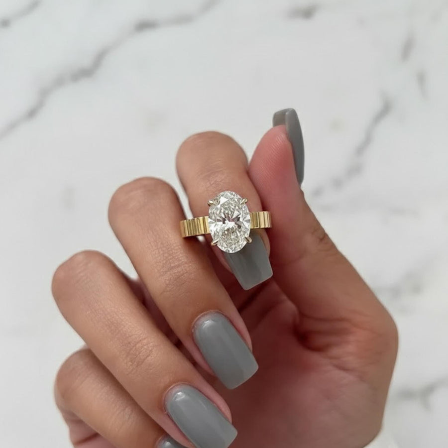 The Celestine 3-Carat Oval-Cut Lab-Grown Diamond Solitaire Engagement Ring with a 3.5mm Two-Tone Cigar Band in 10K or 14K Solid Gold