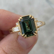 14K Solid Gold Emerald Ring with Diamond Accents, Minimal Fine Jewelry, Handcrafted Elegant Green Stone Ring for Everyday Luxury Wear