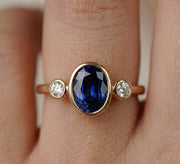 2 CT Blue Oval Cut Lab Engagement Ring, 14K Solid Gold Bezel Ring, Solitaire Ring, Three Stone Ring, Proposal Ring, Promise Ring