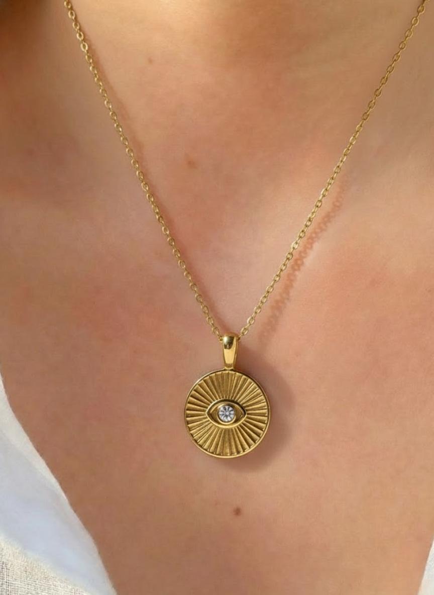 Round Diamond Evil Eye Pendant, Real Diamond 14K 10K Solid Gold Necklace